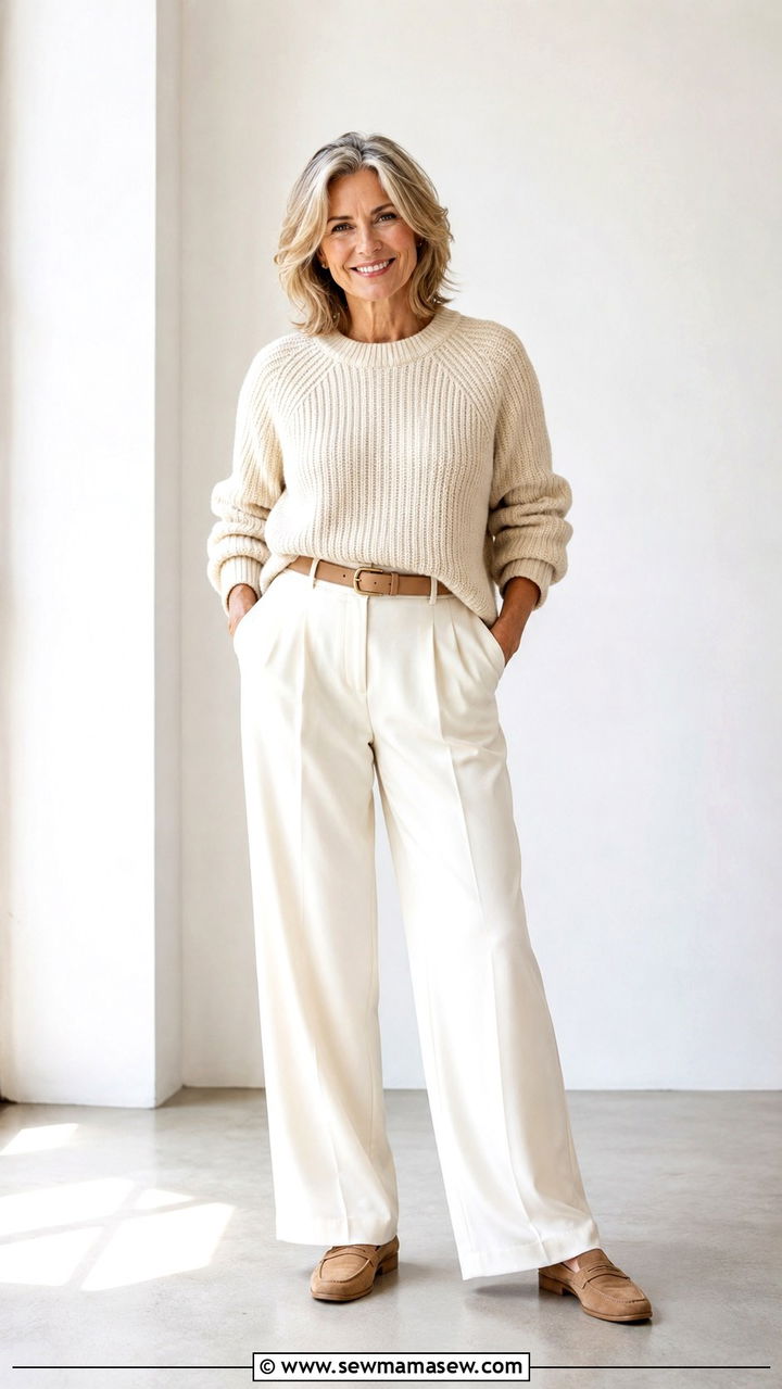 Monochrome neutral outfit with textured layers - 25 Outfit ideas for women over 50 elevated casual