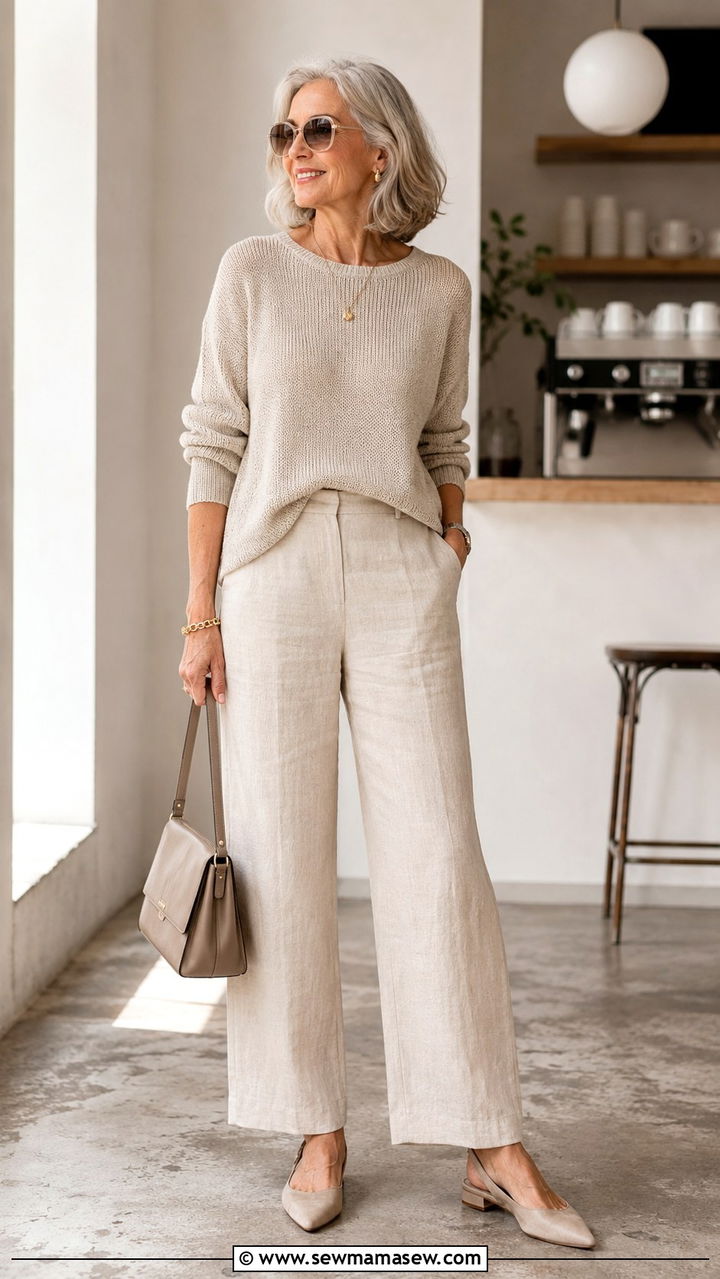 Monochrome neutral set with slingbacks - 30 Outfit ideas for women over 55