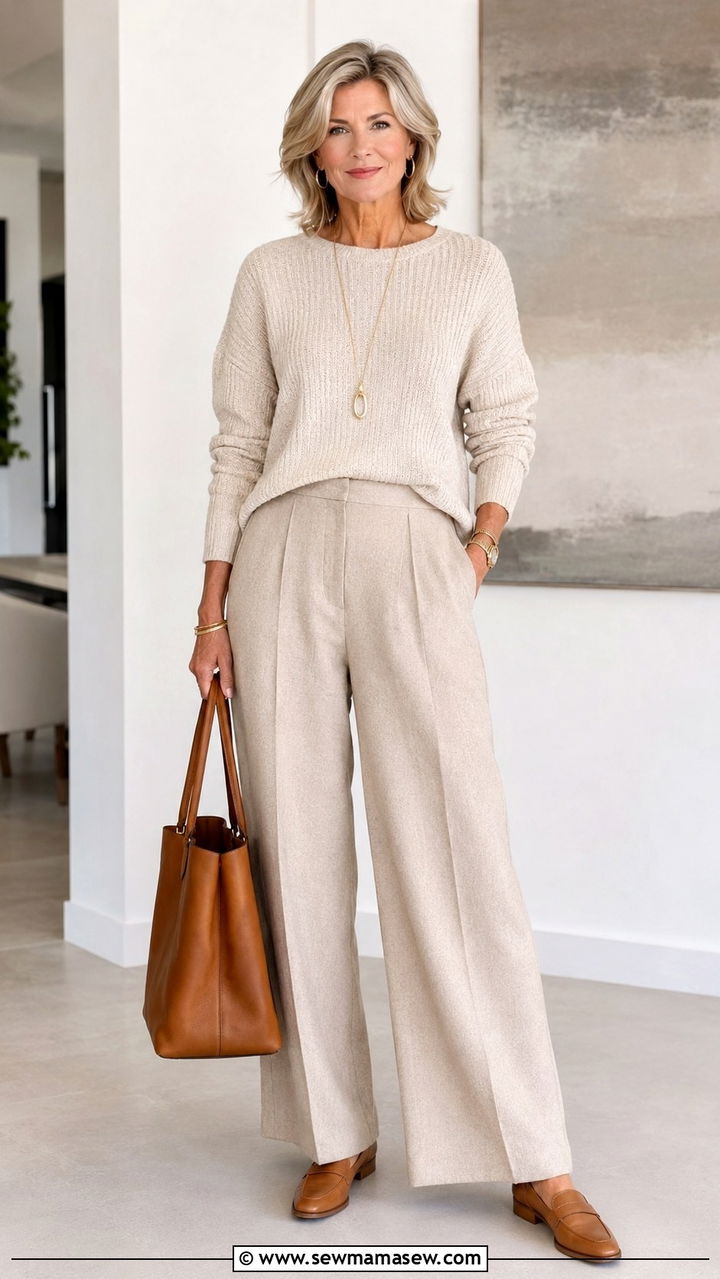 Monochrome oatmeal knit with wide leg trousers - 20 Work outfit ideas for women over 50 2026