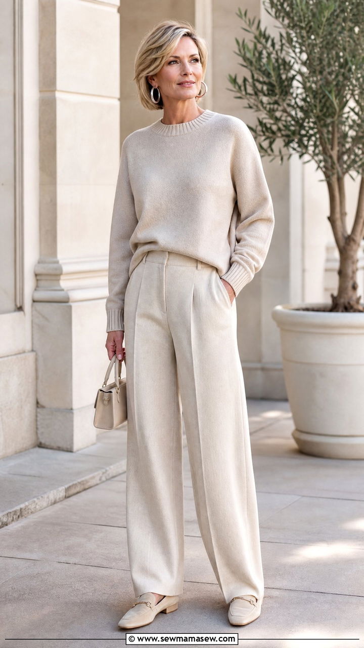 Monochrome oatmeal relaxed tailoring - 30 Elevated casual outfit ideas for women over 40