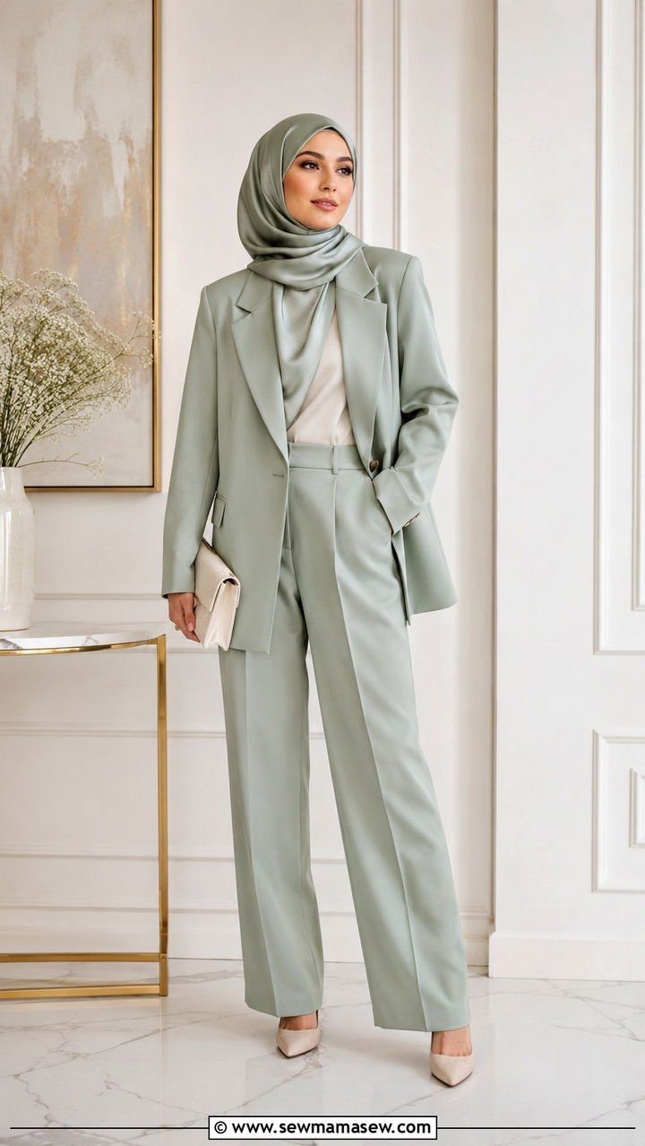 Monochrome pantsuit with satin hijab - 30 hijab outfit ideas