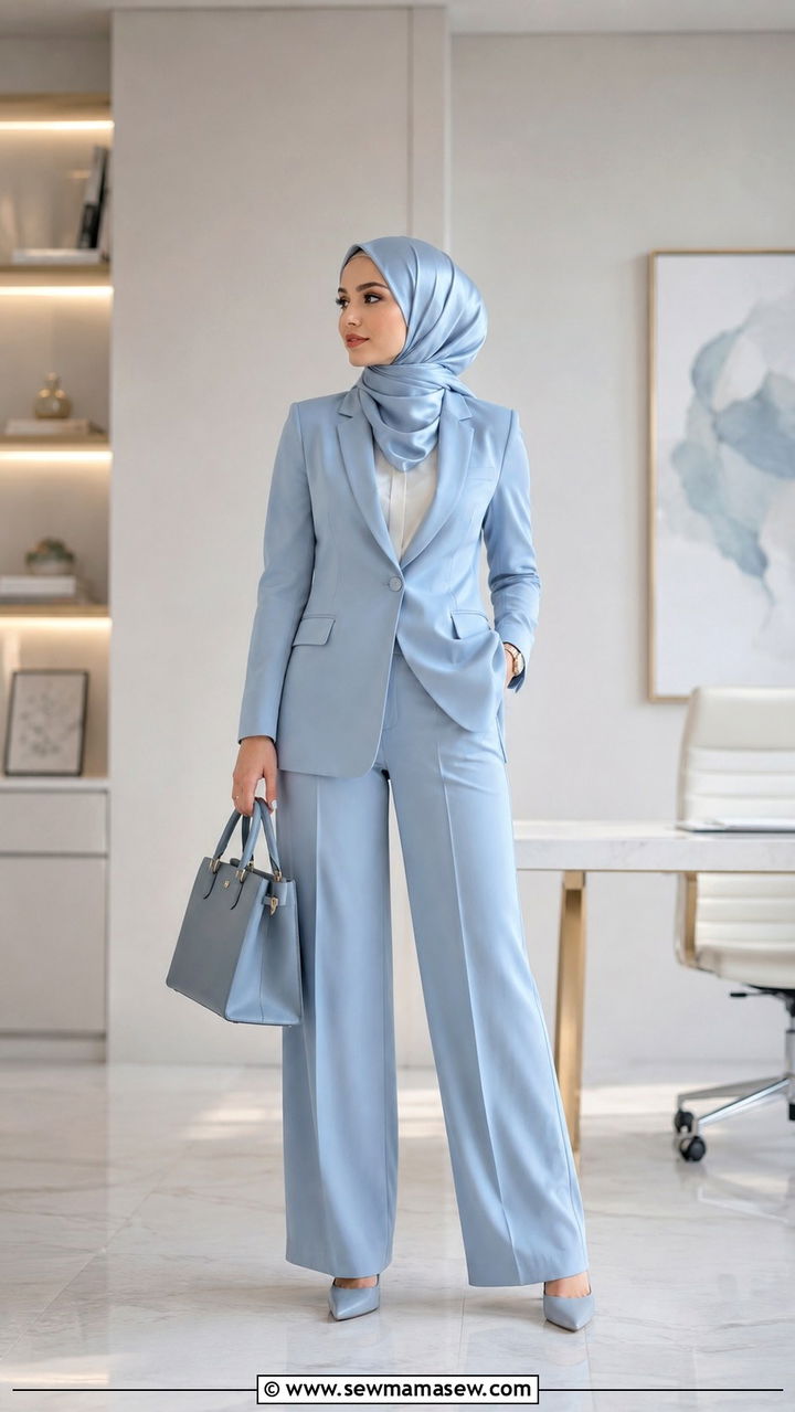 Monochrome pantsuit with satin hijab - 25 outfit ideas for hijab women