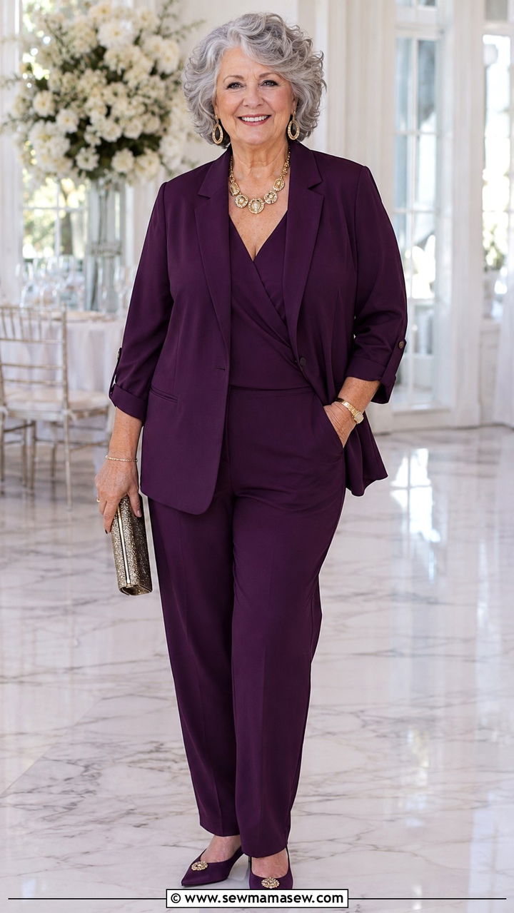Monochrome pantsuit with statement jewelry - 20 Curvy outfits for women over 60