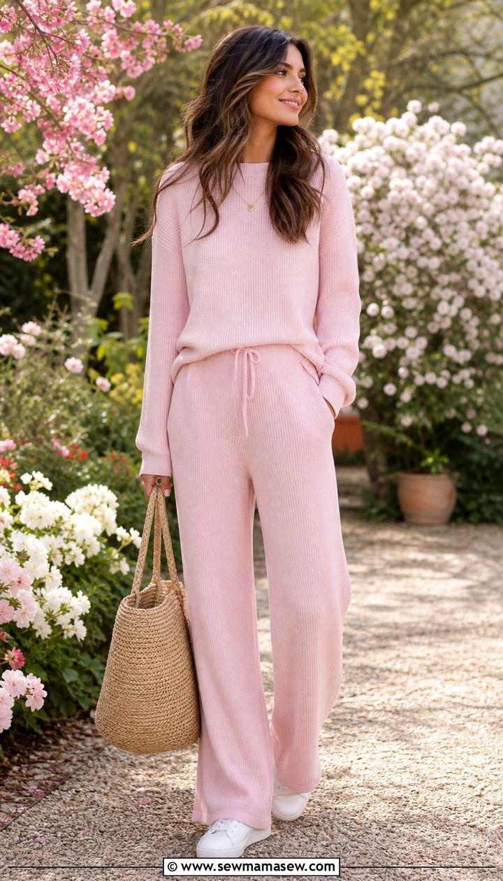 Monochrome pink knit set outfit spring - 35 Casual chic spring outfit ideas 2026