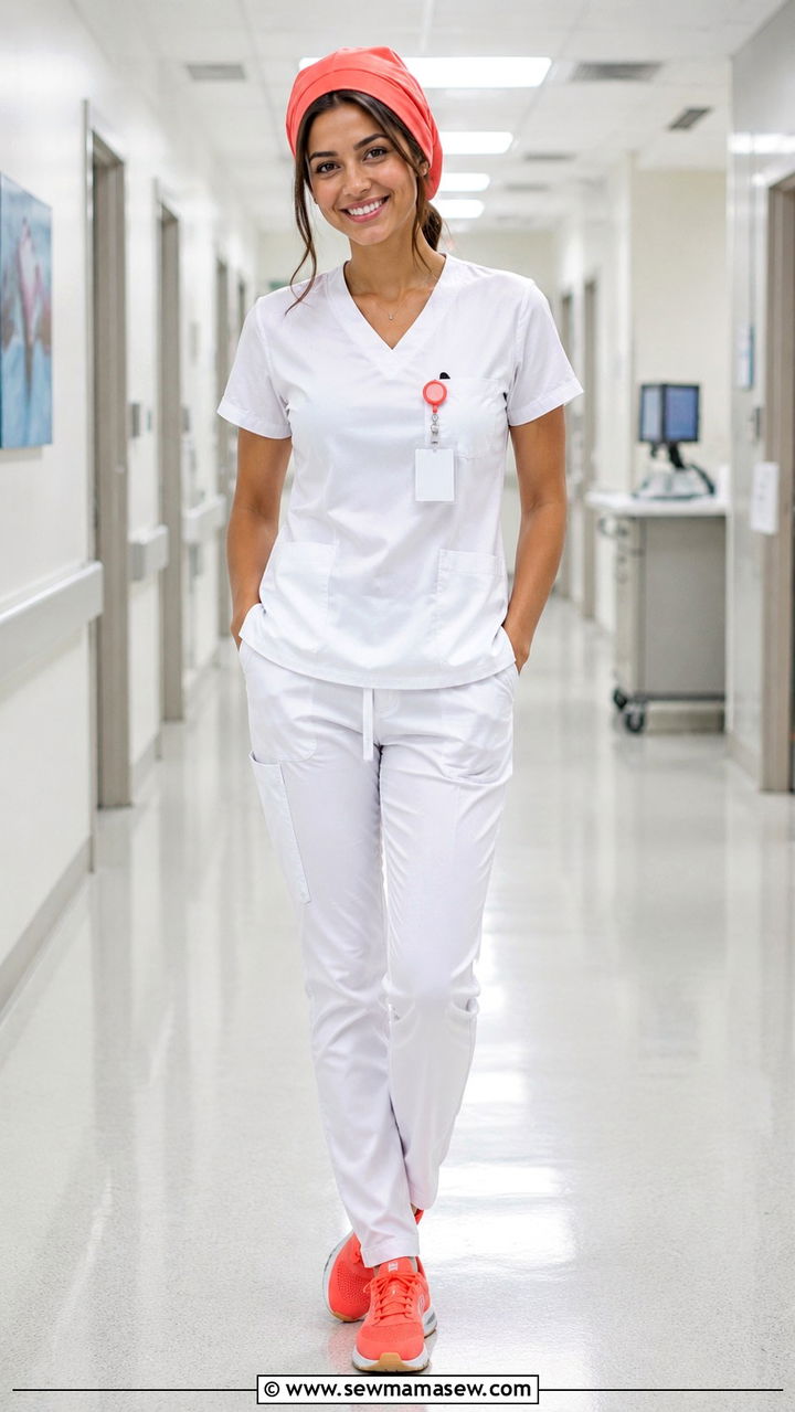 Monochrome scrub outfit with bright shoes - 30 Spring nurse outfits