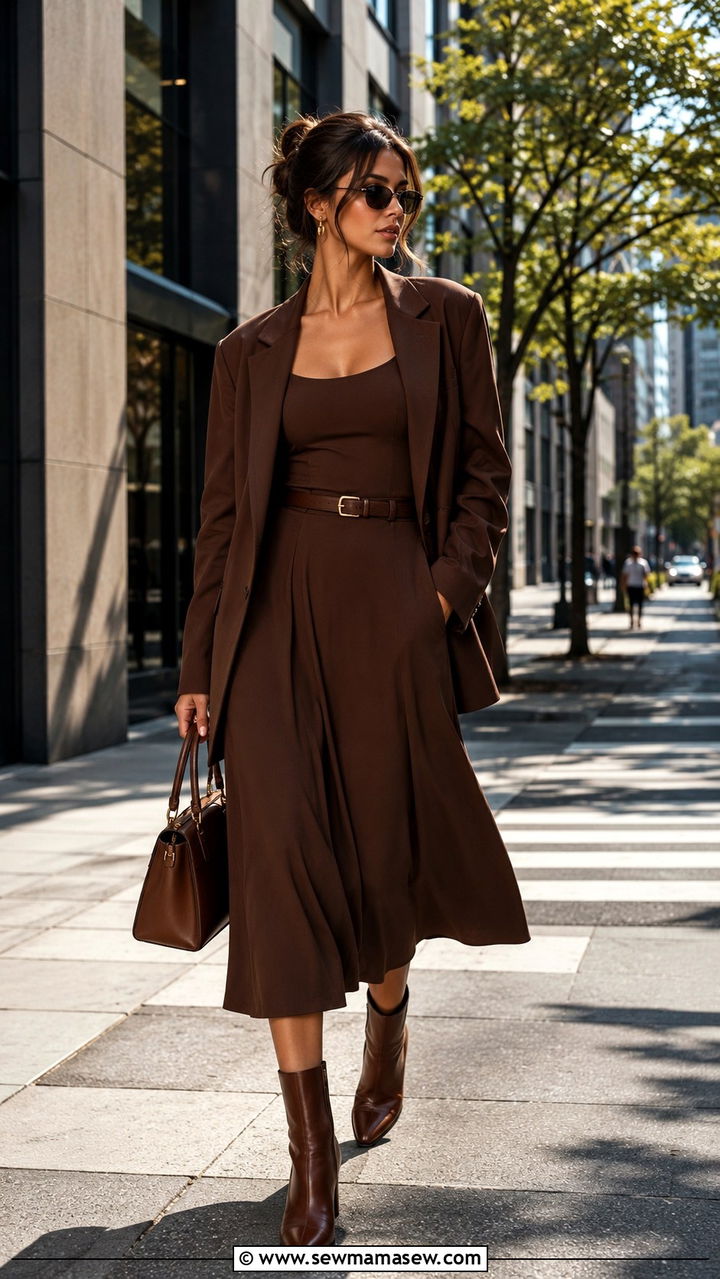 Monochrome sundress with oversized blazer and heeled boots - 30 Spring outfits with sundresses