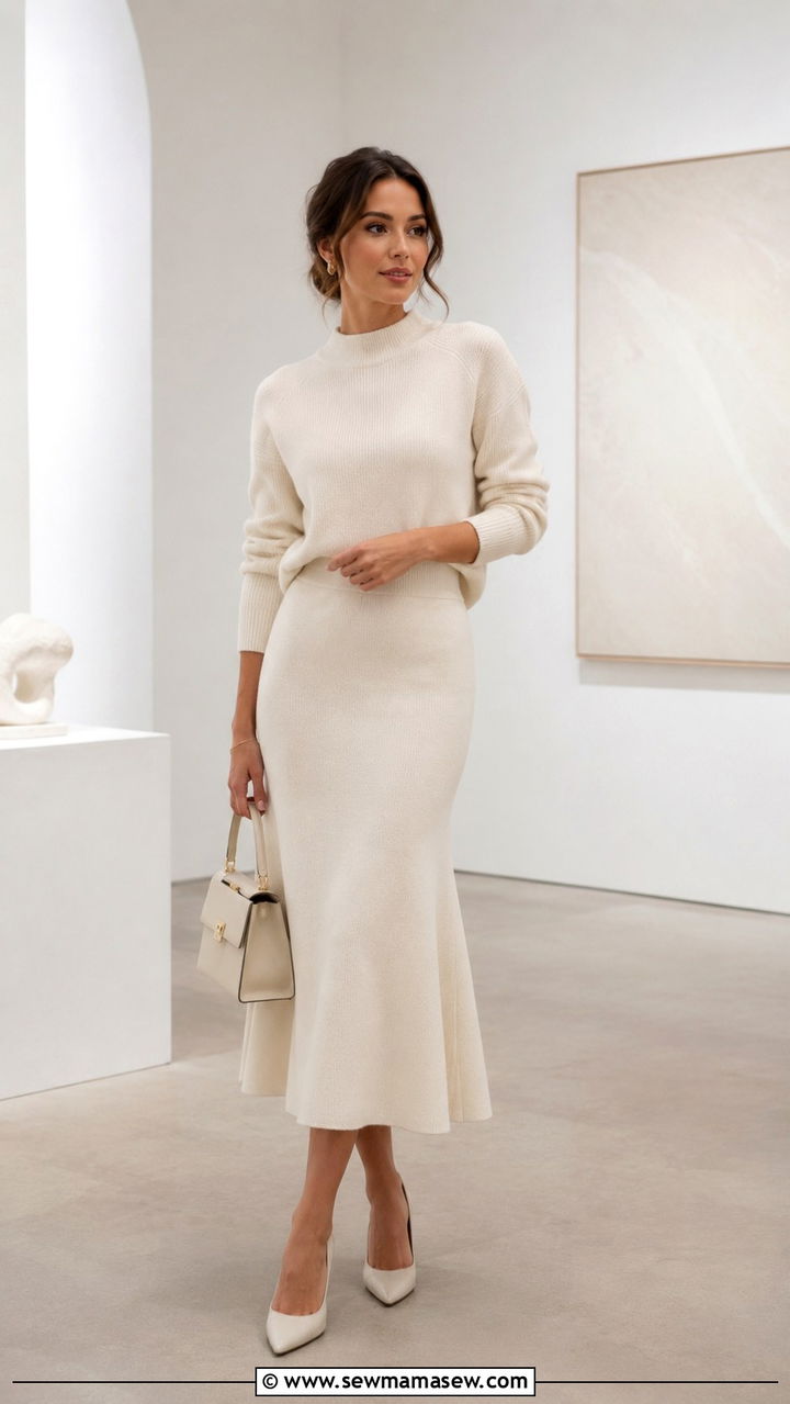 Monochrome sweater and matching flared knit skirt outfit - 30 Sweater and skirt matching set outfit ideas