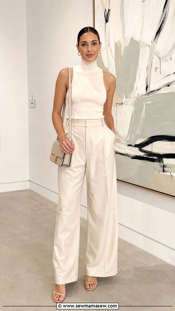 Monochrome top and leather pants with strappy sandals - 30 Leather pants outfit ideas with heels