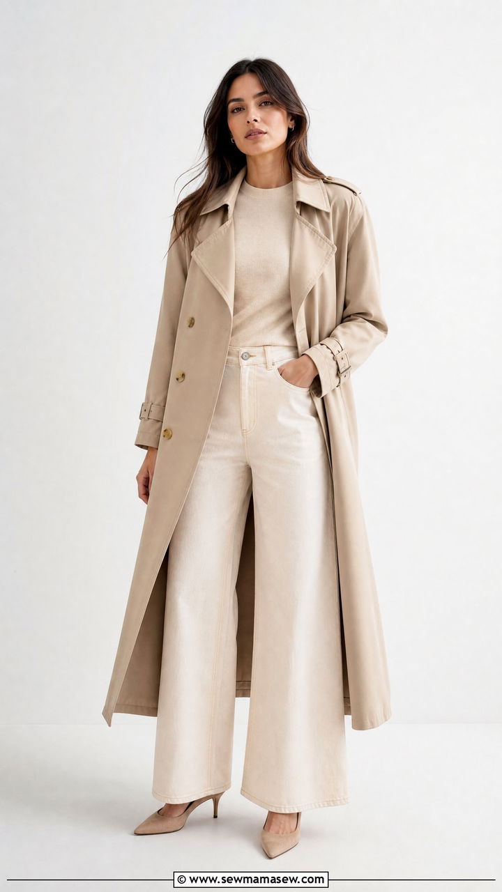 Monochrome trench coat wide leg jeans outfit - 20 Wide leg jeans outfit ideas with a trench coat