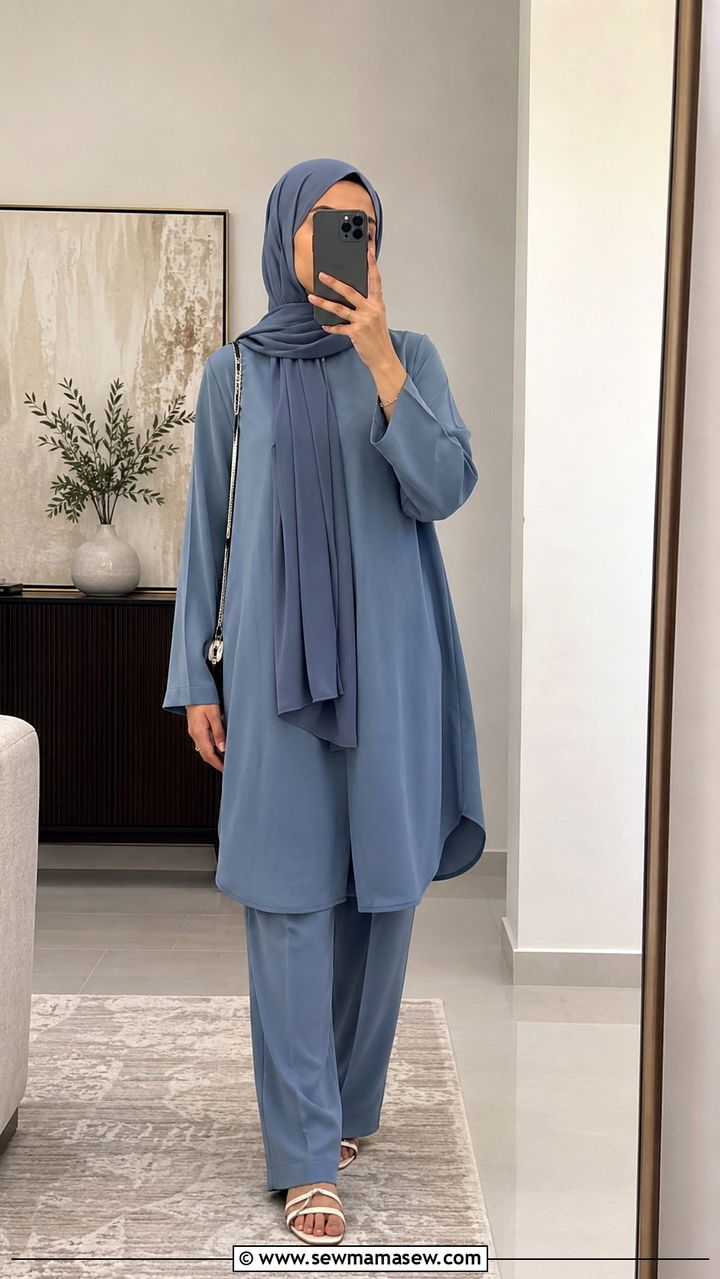 Monochrome tunic and trousers look - 30 Modest outfit ideas for Ramadan
