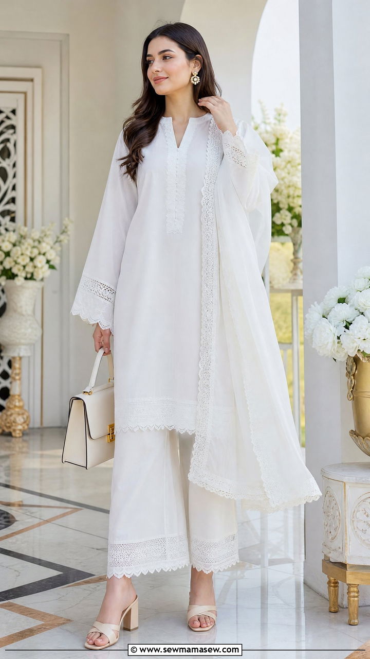 Monotone Palazzo Suit with Lace Dupatta - 30 Eid al Fitr outfit ideas