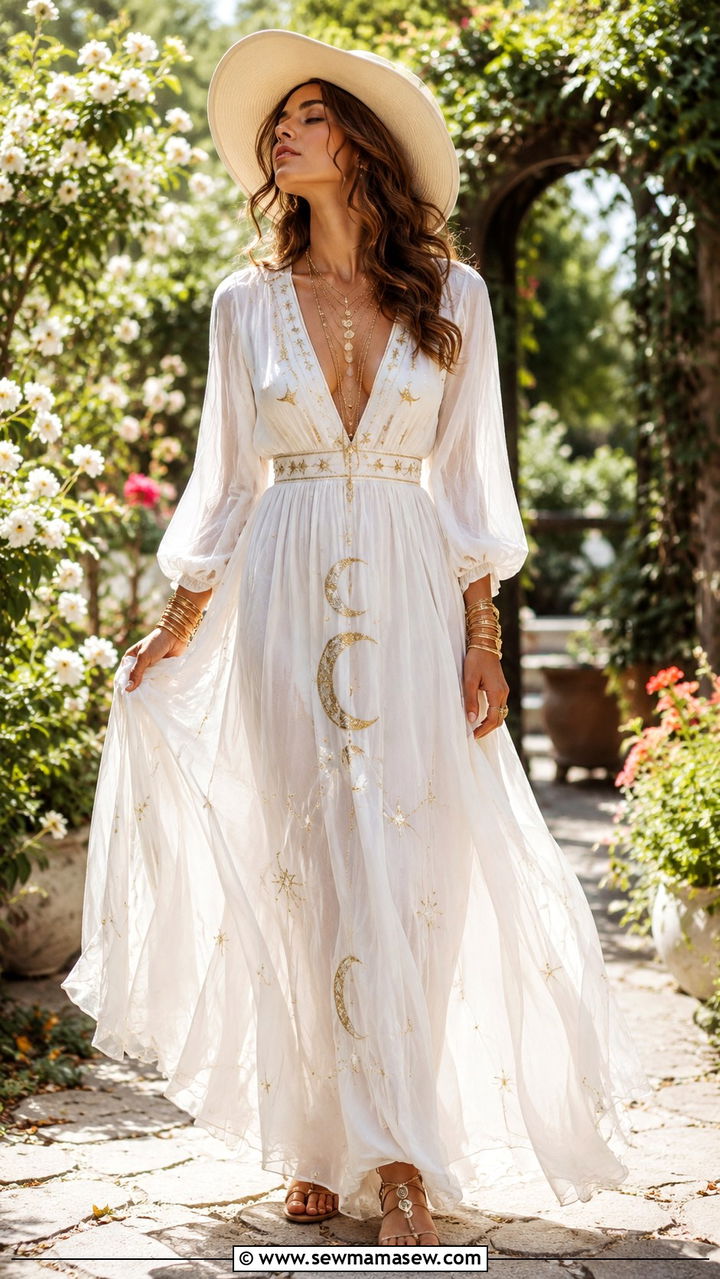 Moon Goddess Maxi Dress with Gold Accessories - 30 celestial outfits aesthetic