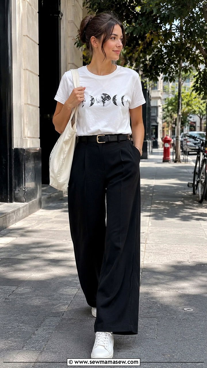 Moon Phase Graphic Tee With Black Wide Leg Pants - 30 celestial outfits 2026