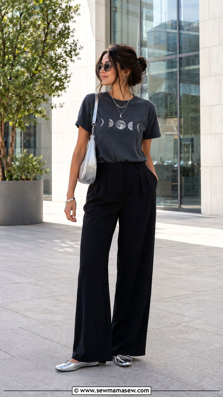 Moon Phase Graphic Tee and Wide Leg Trousers - 30 celestial outfits aesthetic