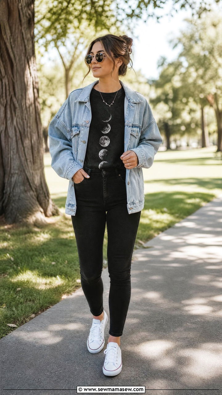 Moon Phase Graphic Tee with Denim Jacket and Black Jeans - 25 casual celestial outfits