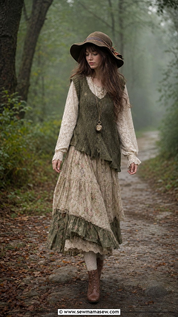 Mori Kei Layered Lace Blouse and Tiered Maxi Skirt Outfit - 35 aesthetic outfits