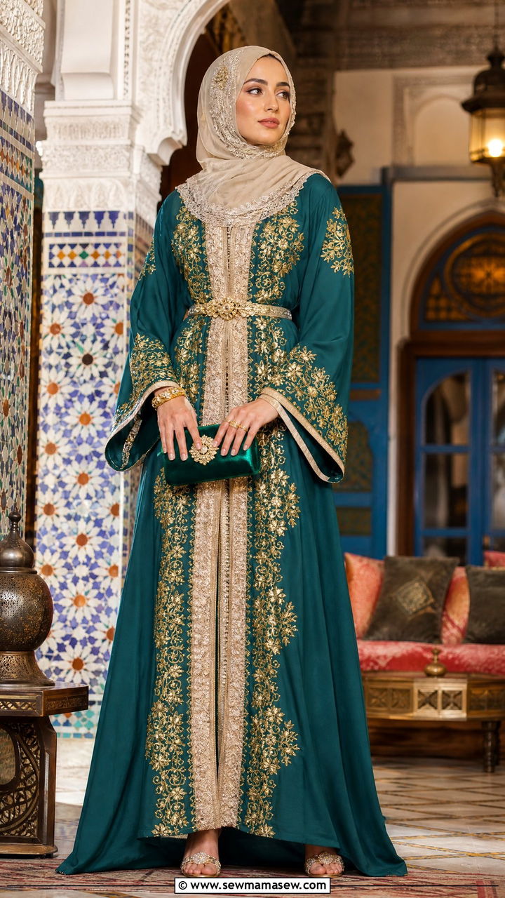 Moroccan Kaftan With Embellished Hijab - 30 Eid outfit ideas for hijabis