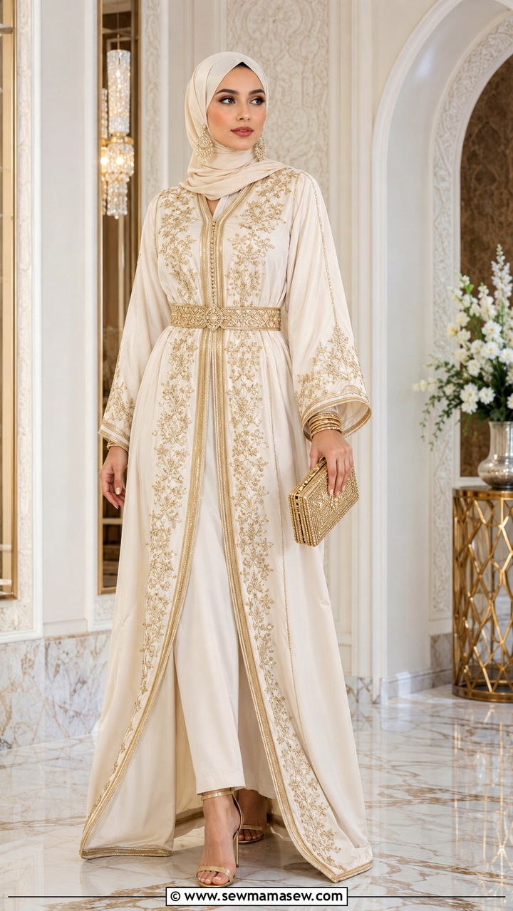 Moroccan Kaftan with Gold Accessories - 25 Wedding guest outfit ideas Muslim wedding