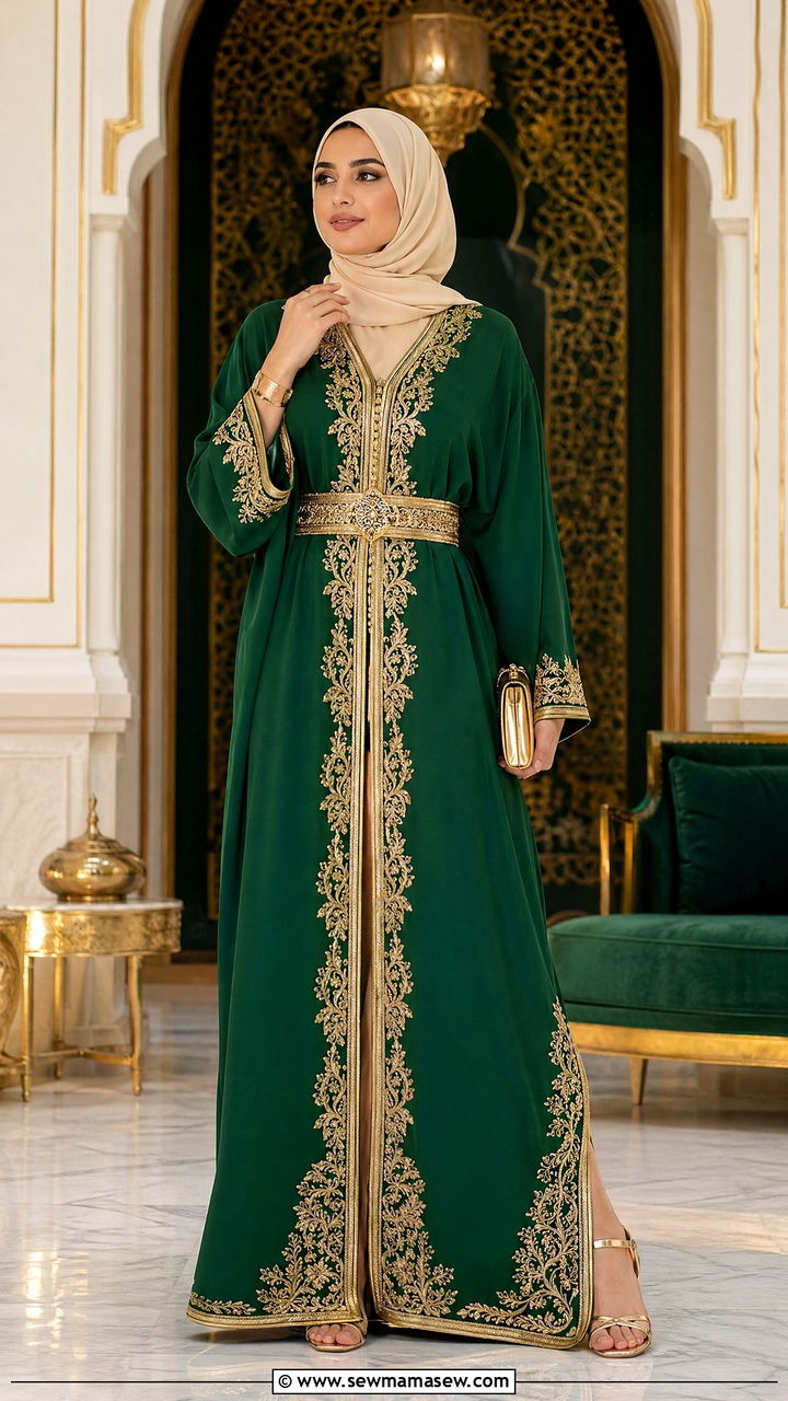 Moroccan kaftan with gold embroidery and heels - 35 Eid outfit ideas modest