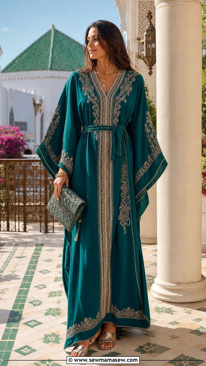 Moroccan kaftan with metallic sandals - 25 Eid al Adha outfit ideas 2026