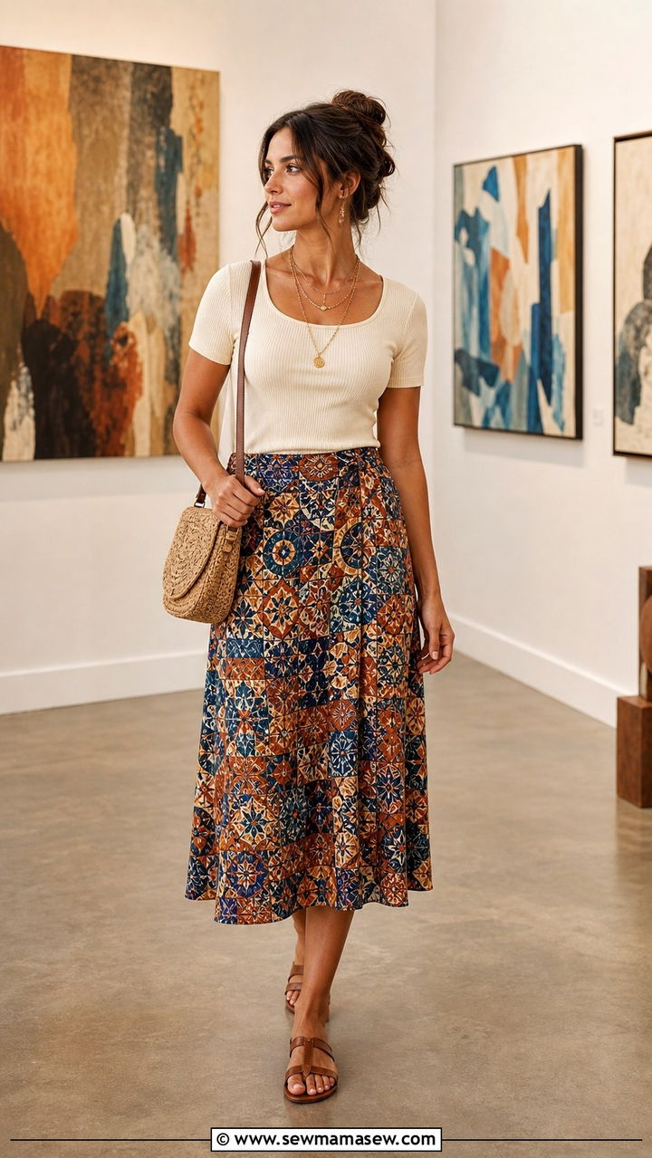 Mosaic Print Midi Skirt with a Solid Top - 40 Bohemian outfit ideas