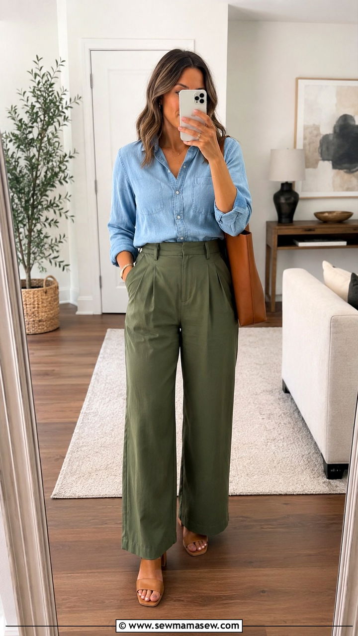 Moss Green Wide Leg Pants with Chambray Shirt and Tan Block Heels - 30 Green outfit ideas for work