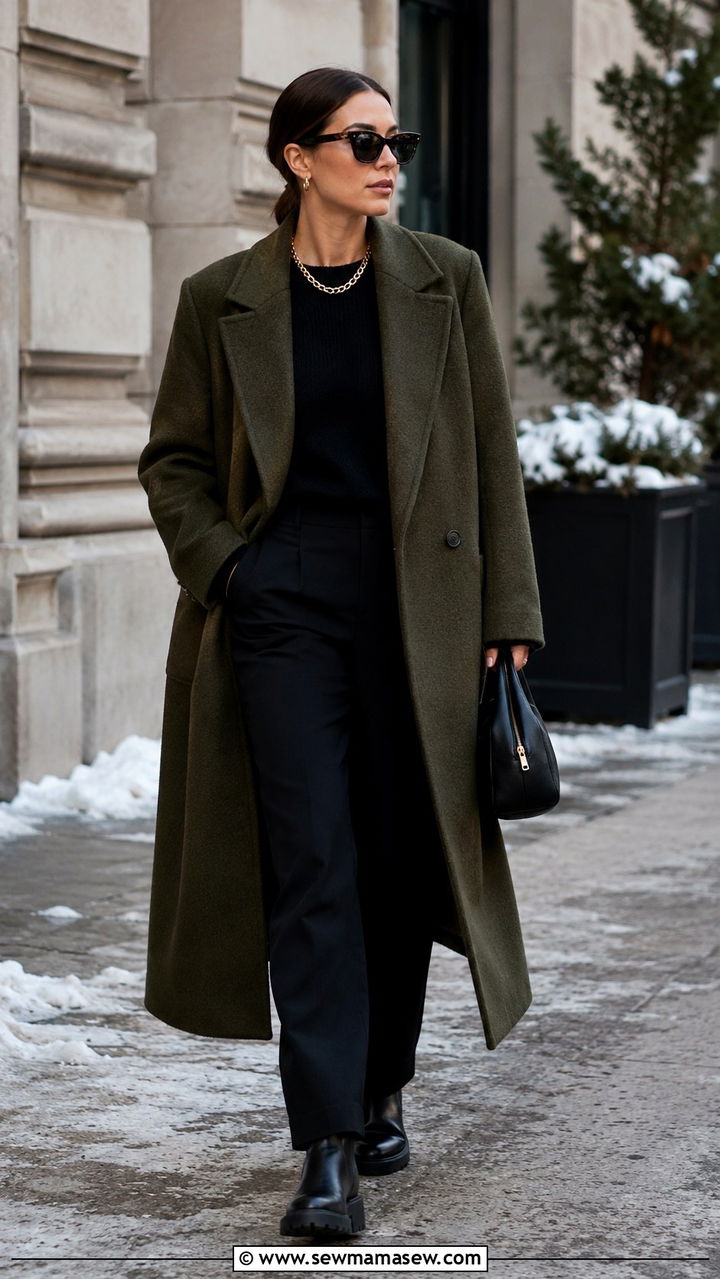 Moss Green Wool Coat With Black Lug Sole Boots - 20 Quiet luxury outfit ideas Gwyneth Paltrow