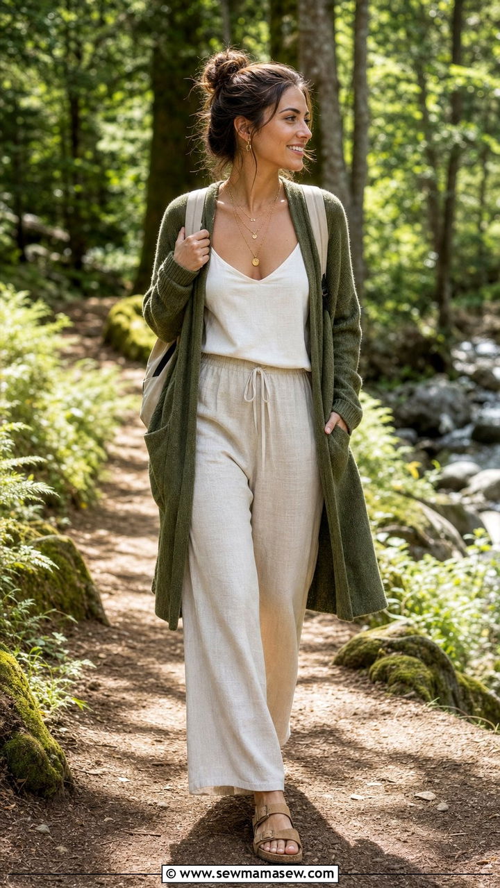 Moss green cardigan and linen pants outfit - 25 fairycore outfit ideas for women over 40