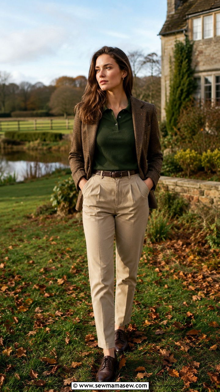 Moss green polo with tweed blazer - 25 Old money outfit ideas with polo