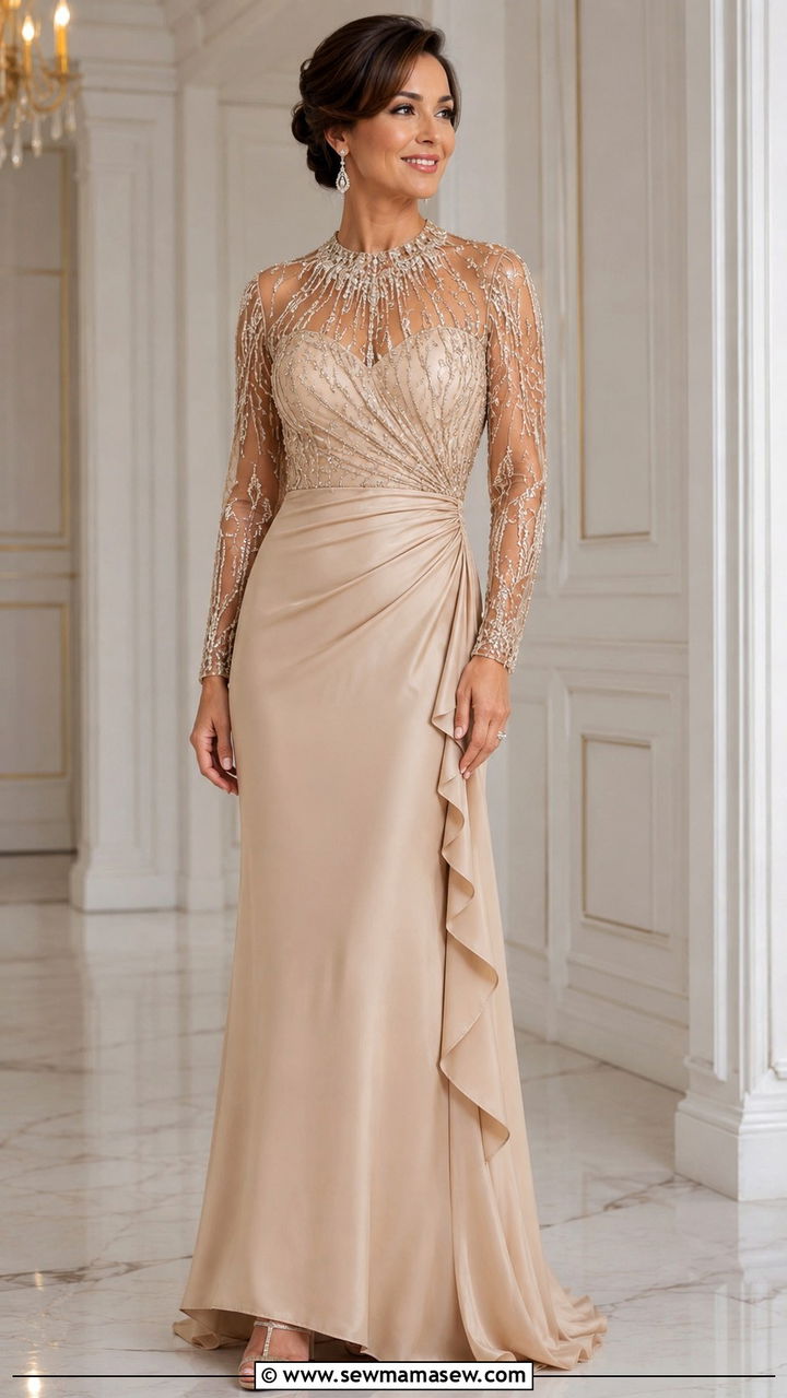 Mother of the Bride Dress with Illusion Sleeves - 20 Modest outfit ideas for mother of the bride