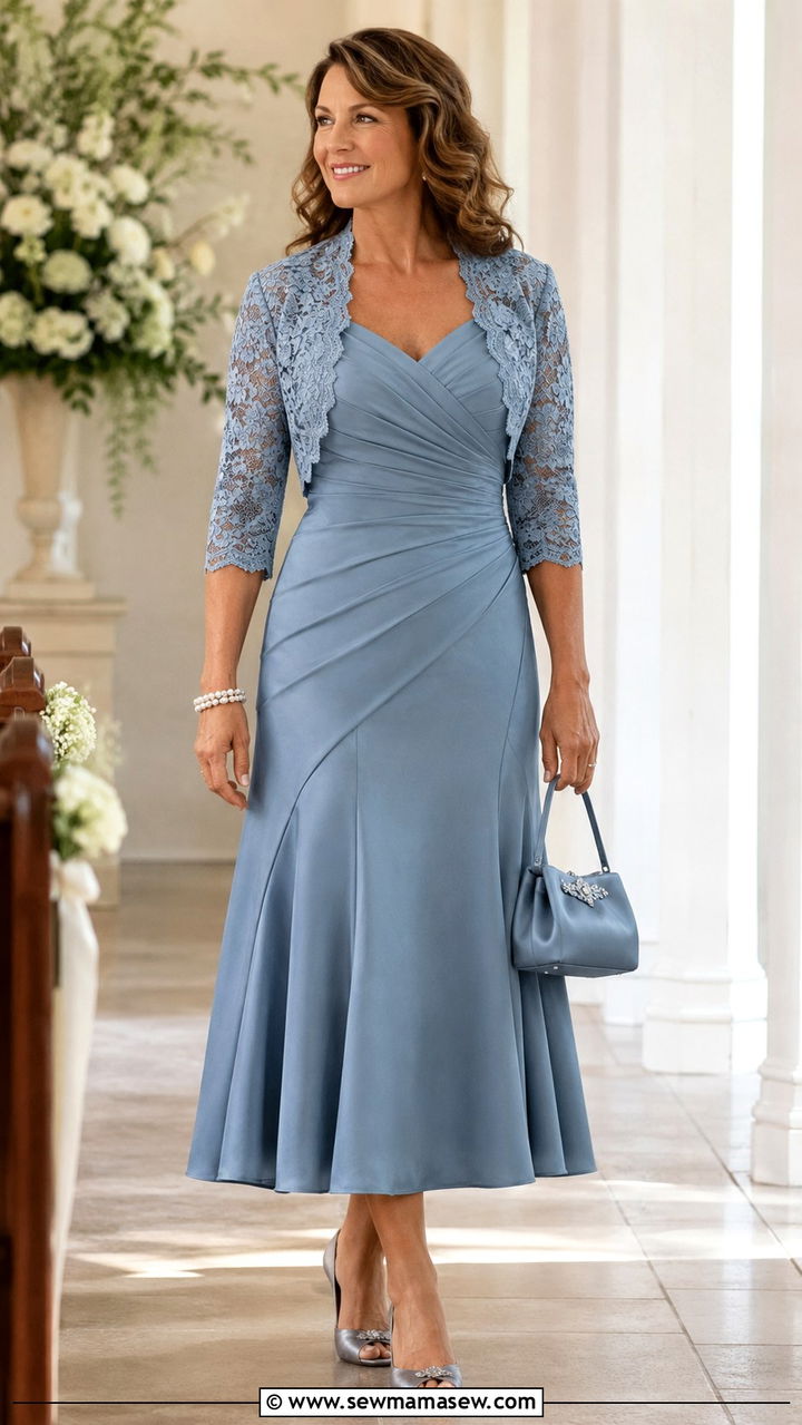 Mother of the Bride Fit and Flare Dress with Bolero Jacket - 20 Modest outfit ideas for mother of the bride