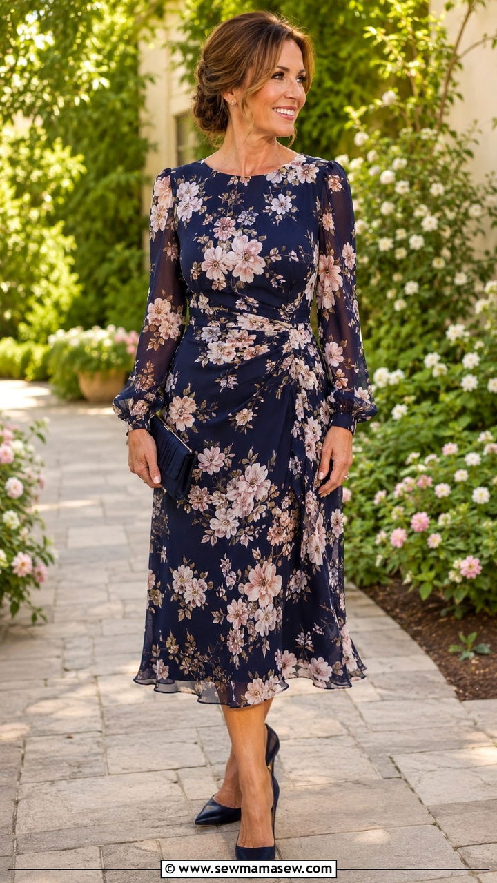 Mother of the Bride Floral Midi Dress with Long Sleeves - 20 Modest outfit ideas for mother of the bride