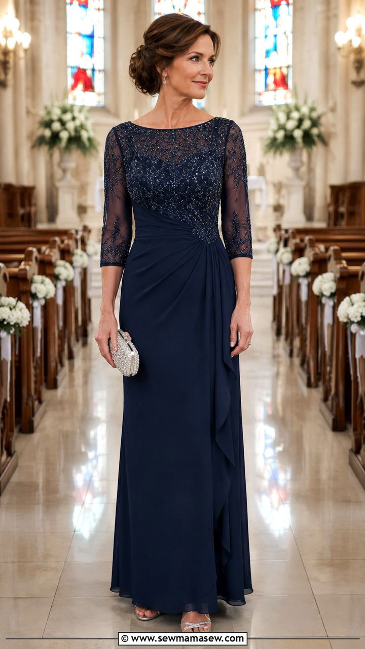 Mother of the Bride Navy Blue Gown with Three Quarter Sleeves - 20 Modest outfit ideas for mother of the bride