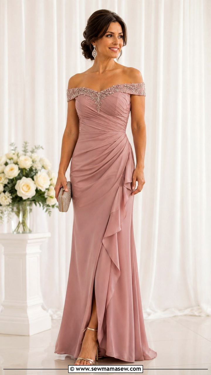 Mother of the Bride Off Shoulder Gown with Beading - 20 Modest outfit ideas for mother of the bride