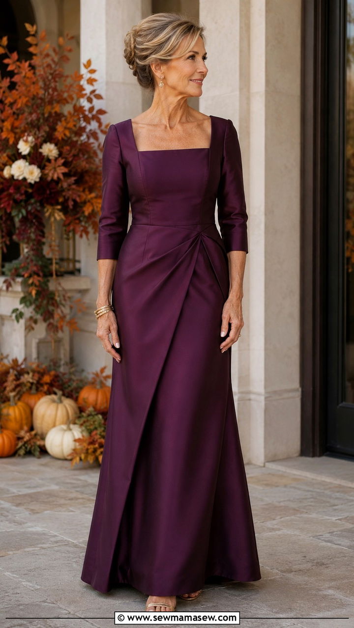 Mother of the Bride Plum Colored Gown with Square Neckline - 20 Modest outfit ideas for mother of the bride