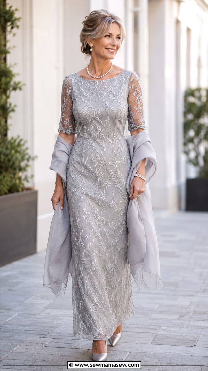 Mother of the Bride Silver Gown with Elbow Length Sleeves - 20 Modest outfit ideas for mother of the bride