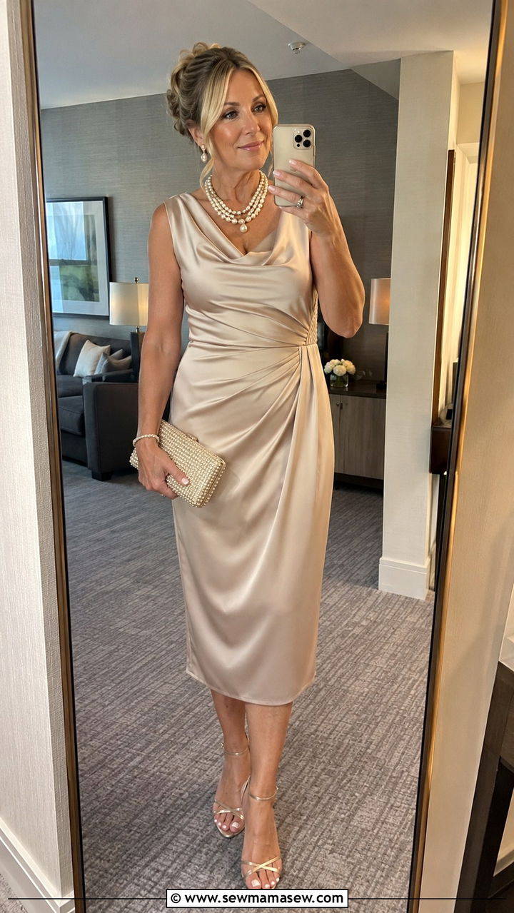 Mother of the groom champagne satin dress - 25 Wedding guest outfit ideas for mom of the groom