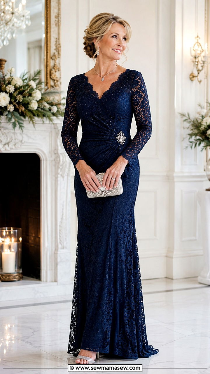 Mother of the groom navy blue lace gown - 25 Wedding guest outfit ideas for mom of the groom
