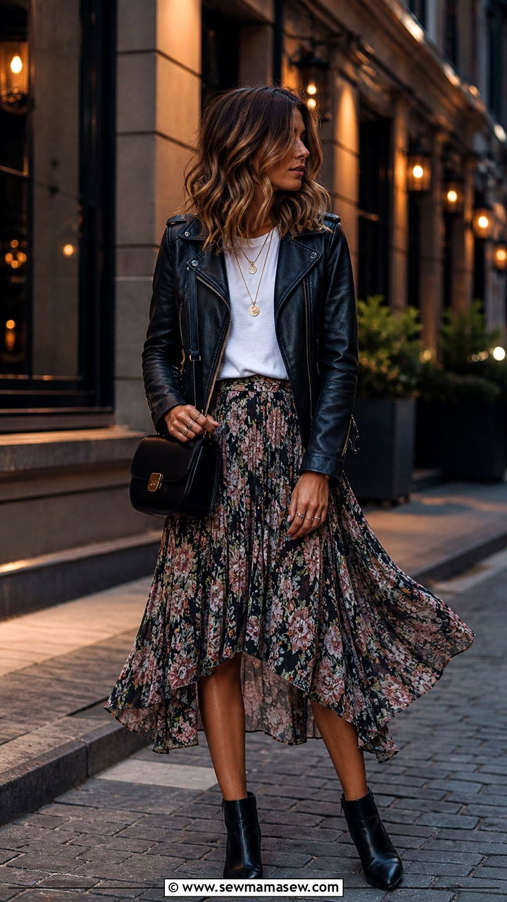 Moto Boho Flowing Skirt with Leather Jacket - 40 Bohemian outfit ideas