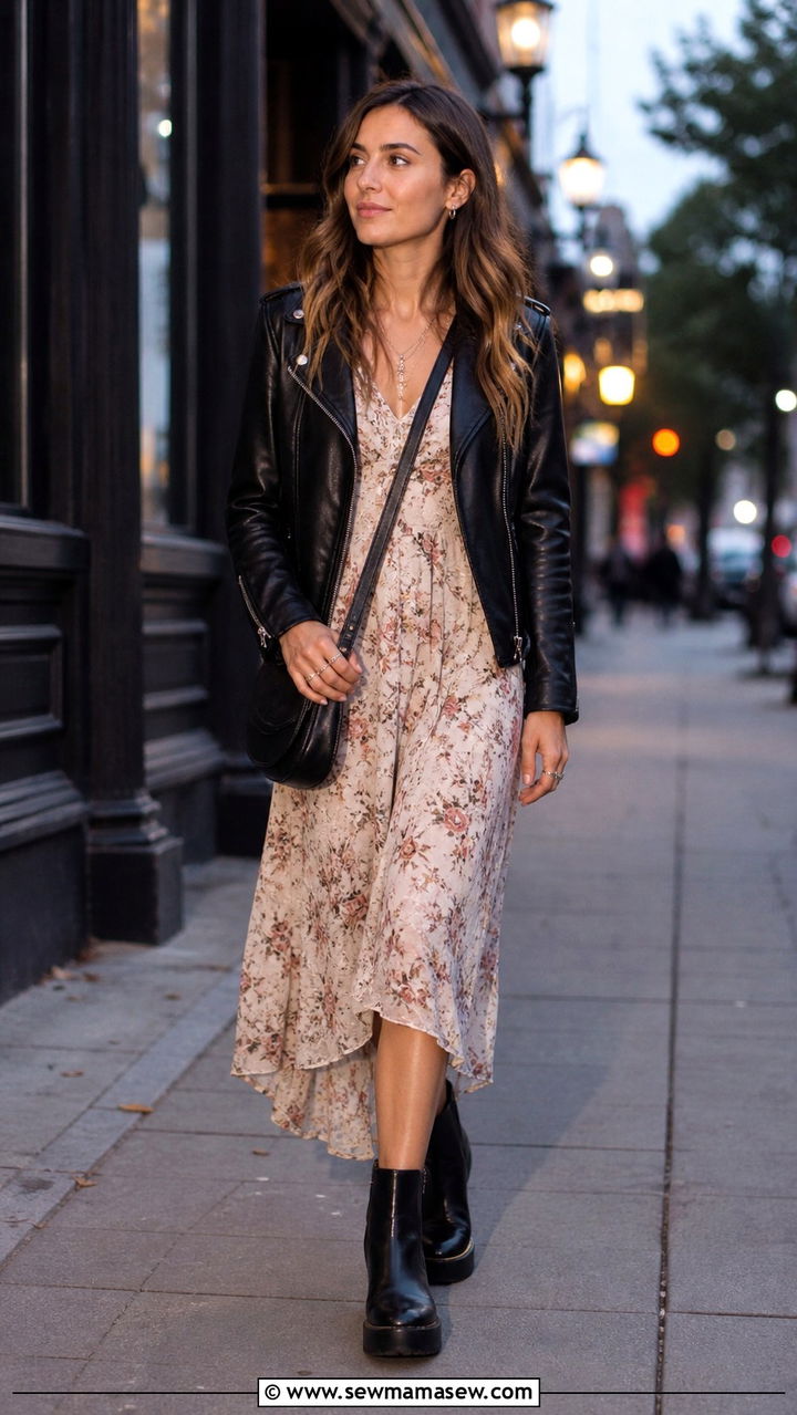 Moto Boho Leather Jacket And Floral Dress Outfit - 40 boho chic outfit ideas