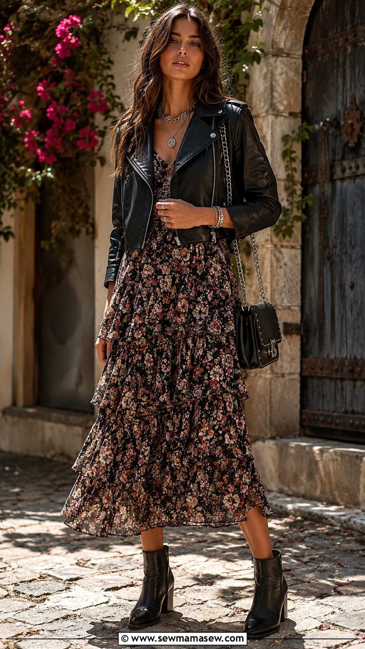 Moto Boho Leather Jacket With Floral Dress - 20 fashion inspo outfits to copy