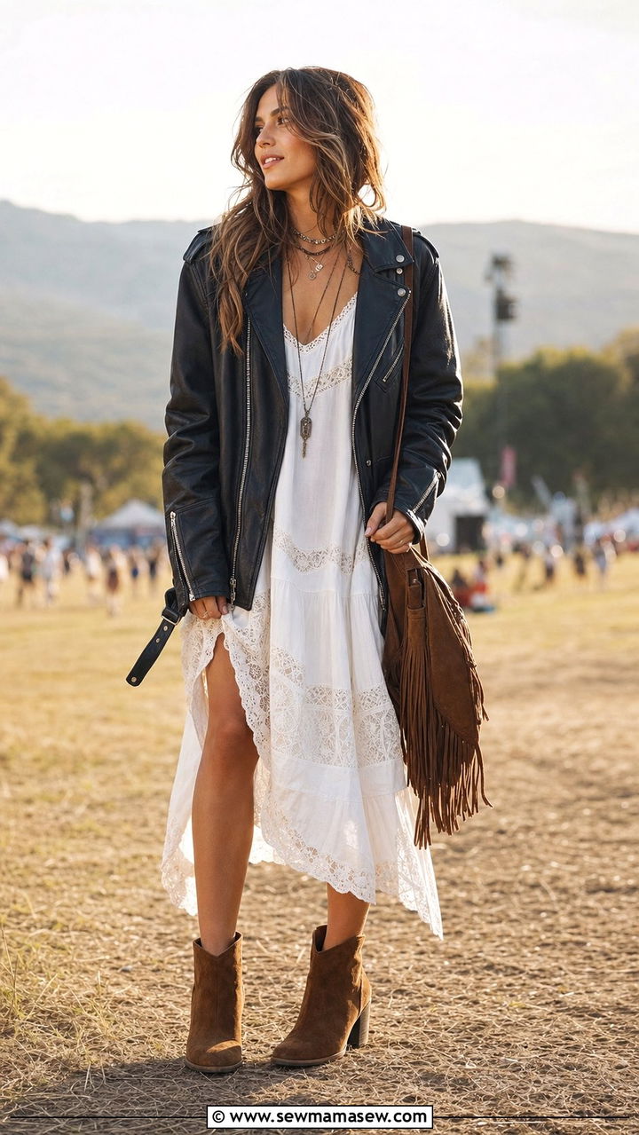 Moto Boho Leather Jacket with a Lace Trim Dress - 25 Summer outfits with leather jackets