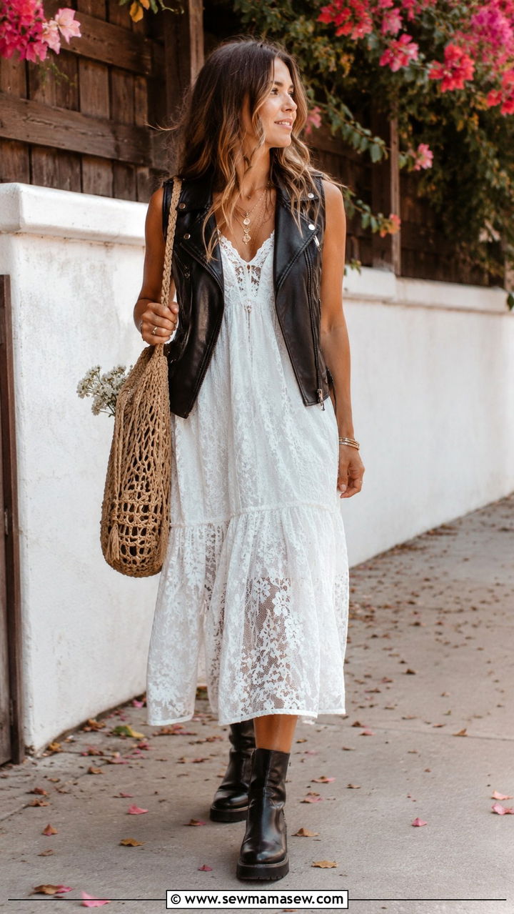 Moto Boho Leather Vest and Lace Dress Outfit - 30 Spring leather outfits