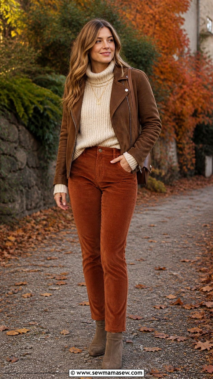 Moto Jacket With Corduroy Pants and a Chunky Knit - 40 Moto jacket outfit ideas