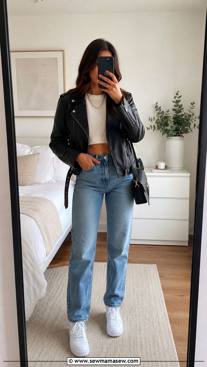 Moto Jacket With Cropped Sweater And High Waisted Jeans - 30 How to style a moto jacket