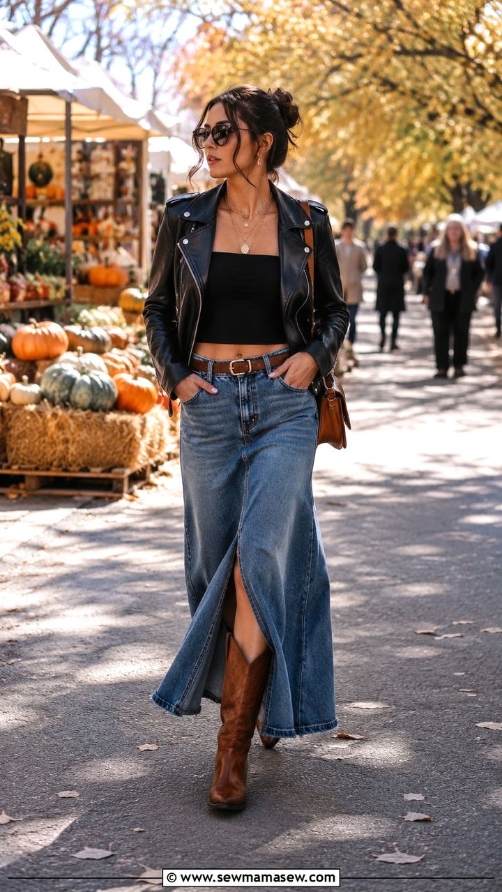 Moto Jacket With Denim Maxi Skirt And Cowboy Boots - 30 How to style a moto jacket