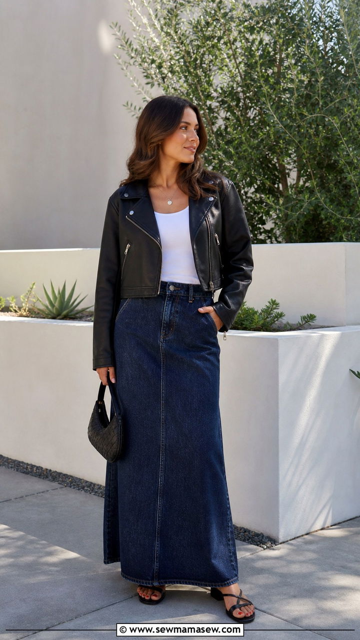 Moto Jacket With Denim Maxi Skirt and Tank Top - 40 Moto jacket outfit ideas
