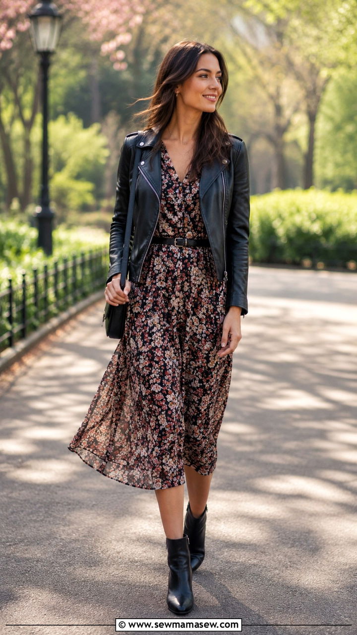 Moto Jacket With Floral Midi Dress And Ankle Boots - 30 How to style a moto jacket