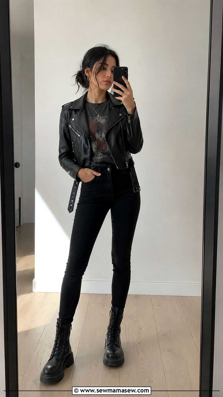 Moto Jacket With Graphic Tee and Black Skinny Jeans - 30 casual model off duty outfits