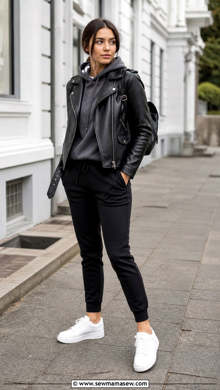 Moto Jacket With Joggers and a Hoodie - 40 Moto jacket outfit ideas